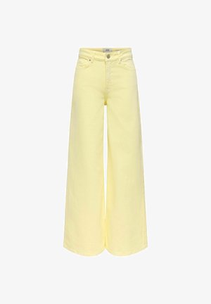 Gule vidbukser med høyt liv, frontknapper og glidelåslukking, beltehemper, samt lommer foran og bak.