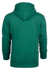 Grüne Kapuzenjacke aus weichem Material. Verfügt über gerippte Bündchen und Saum. Die Rückansicht zeigt ein glattes, nahtloses Design ohne sichtbare Logos.