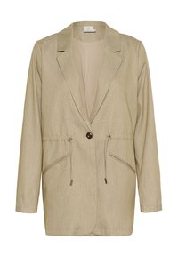 Beige, leichter Blazer mit strukturiertem Design, Reverskragen, Knopfverschluss und Kordelzug in der Taille. Dezente Textur und Seitentaschen.