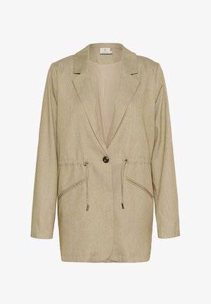 Beige, lightweight blazer with a structured design, notch lapels, button closure, and drawstring at the waist. Subtle texture and side pockets.