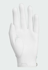 Vit läderhandske med fem fingrar, med en sydd design, en liten utskärning på tummen och en elastisk handled.