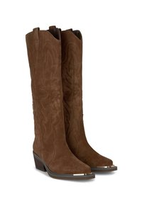 Braune Cowboy-Stiefel aus Wildleder mit hohem Schaft, verziert mit gestickten Blattmustern und quadratischer Zehenpartie. Metallische Akzente an den Absätzen.