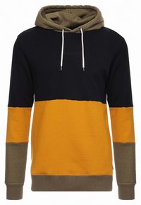 Gemêleerde hoodie van een katoen-polyester mix, met zwarte, oranje en olijfgroene kleurvlakken, voorzien van een logo en koordjes.