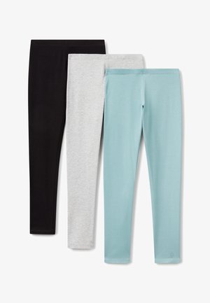 Trois paires de leggings arrivant aux chevilles en noir, gris clair et bleu clair, disposées en superposition sur un fond blanc.