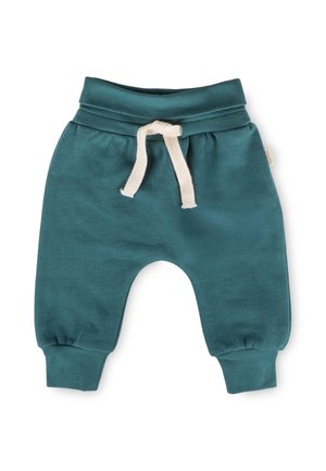 Pantaloni da bambino color petrolio con fascia elastica in vita e coulisse bianca, con polsini alle caviglie e vestibilità larga e confortevole.