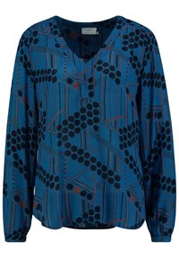 Blaue gemusterte Bluse mit langen Ärmeln, V-Ausschnitt, mit schwarzen Kreisen und roten Akzenten; leichtes Gewebe mit fließendem Design.