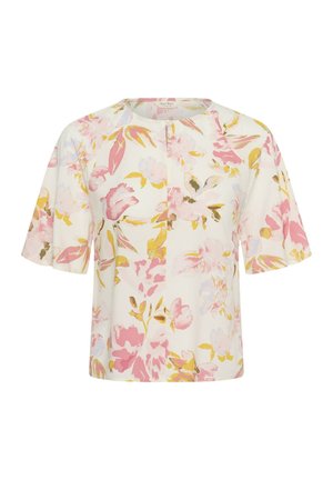 Hvid bluse med korte ærmer, rund hals og blomstermønster i pink, gul og lyseblå samt foran knaplukning.