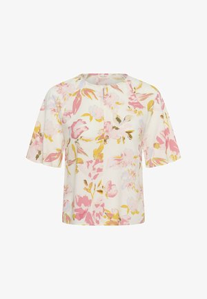 Hvid bluse med korte ærmer, rund hals og blomstermønster i pink, gul og lyseblå samt foran knaplukning.