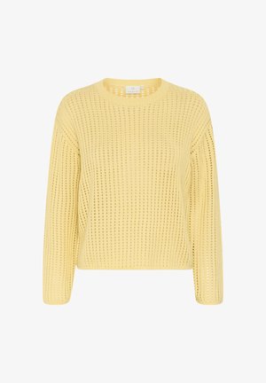 Yellow knitted sweater, featuring a loose fit, round neck, and textured open weave pattern. Long sleeves with ribbed cuffs.