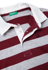 Czerwona i szara koszulka polo w paski z białym kołnierzykiem, zieloną metką marki i haftowanym logo powyżej lewej piersi. Materiał bawełniany.