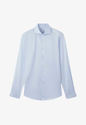 Lichtblauwe overhemd met lange mouwen van een soepele stof. Heeft een klassieke kraag, knopen aan de voorkant en knoopmanchetten, met een nauwsluitende pasvorm.
