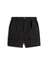 Svarta cargo-shorts med elastisk midja, justerbart bälte och två stora framfickor med lock. Tillverkade av ett lättviktsmaterial.