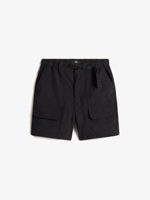 Pantaloni cargo neri con cintura elasticizzata, cintura regolabile e due grandi tasche anteriori con chiusure a patta. Realizzati in tessuto leggero.
