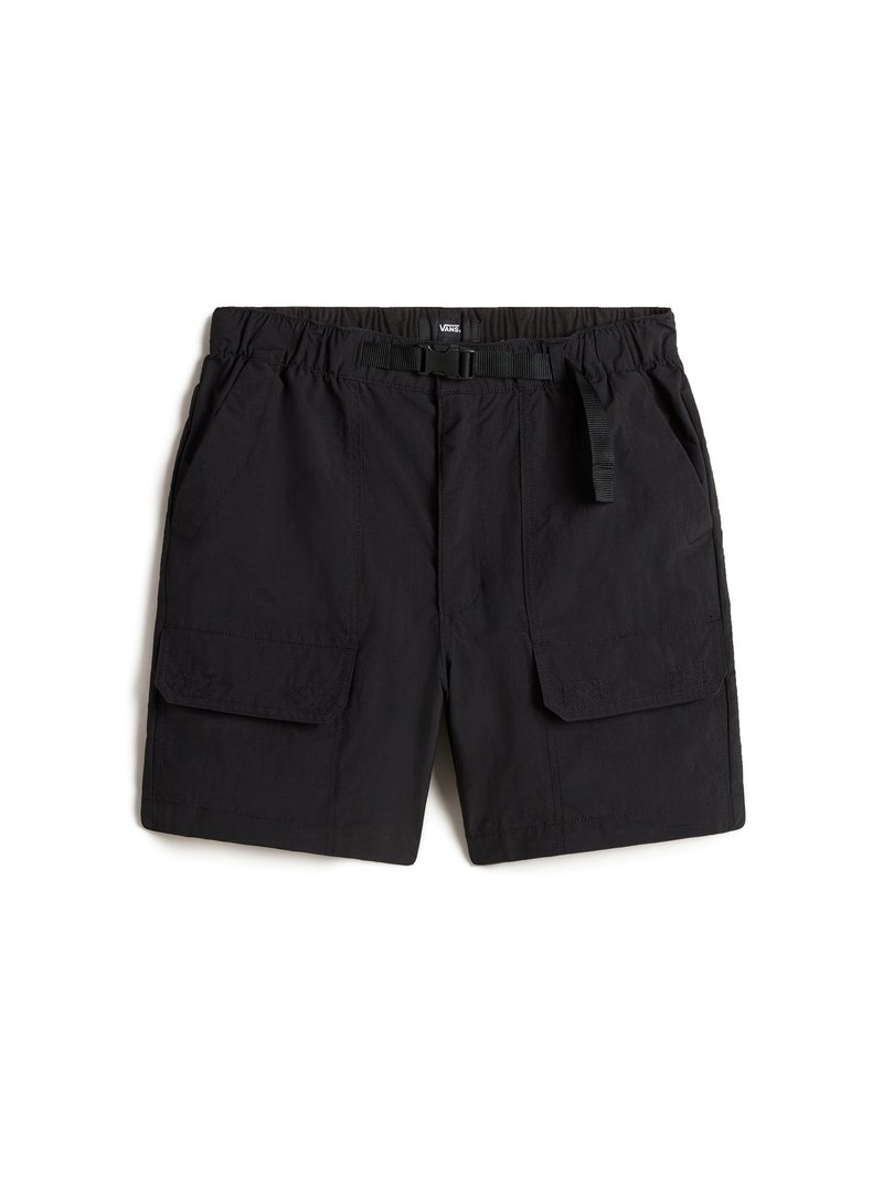 Svarta cargo-shorts med elastisk midja, justerbart bälte och två stora framfickor med lock. Tillverkade av ett lättviktsmaterial.