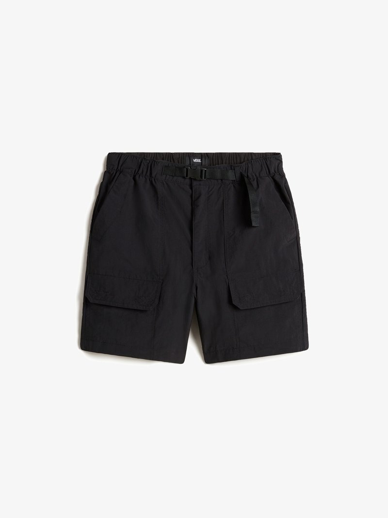 Svarta cargo-shorts med elastisk midja, justerbart bälte och två stora framfickor med lock. Tillverkade av ett lättviktsmaterial.