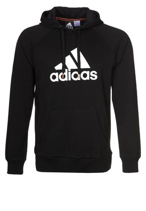 Sweat à capuche noir Adidas avec logo blanc, poche kangourou avant, capuche avec cordon de serrage et poignets et ourlet côtelés.