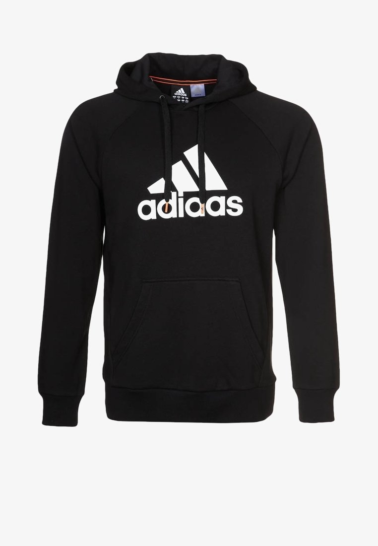 Sweat à capuche noir Adidas avec logo blanc, poche kangourou avant, capuche avec cordon de serrage et poignets et ourlet côtelés.