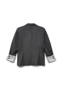 Gray blazer with a tailored design, featuring striped cuffs and two black buttons. Smooth texture with a polished finish.