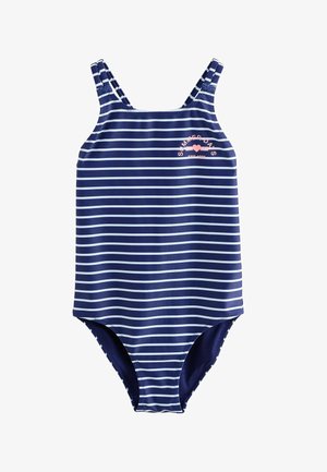 Marineblå stribede badedragt med tynde stropper, prydet med lyseblå vandrette striber og et pink "Summer Days" logo på brystet.