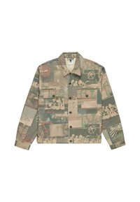 Παλτό παραλλαγής με κουμπιά μπροστά, δύο τσέπες στο στήθος με κουμπιά και αφηρημένα σχέδια γκράφιτι σε αποχρώσεις του πράσινου, μπεζ και καφέ.