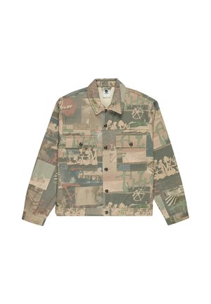 Camouflage jas met knoopsluiting aan de voorkant, twee borstzakken met knoop, en abstracte graffiti-stijl prints in groen, beige en bruine tinten.