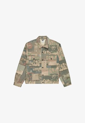 Kāršķirta jaciņa ar pogām priekšpusē, divas krūšu kabatas ar pogām un abstrakti grafiti stila zīmējumi zaļā, bēšā un brūnā toņos.