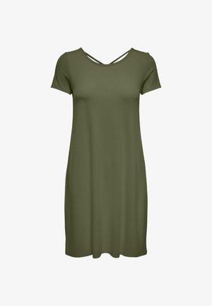 Vestido verde oliva hasta la rodilla con mangas cortas y tirantes cruzados en el escote redondo, diseño sencillo y holgado.