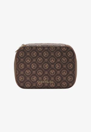 Brown, zipped pouch with a pattern of peace symbols. Features the brand name "Carlo Colucci" in gold at the bottom. Textured surface.