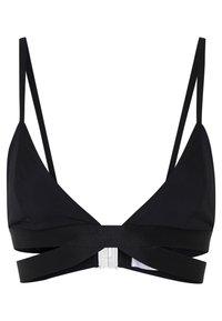 Bralette triangular negro con tirantes finos y una banda ancha. Cuenta con un cierre de gancho en la parte posterior. Textura de tela suave.