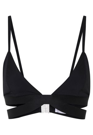 Czarny trójkątny biustonosz braletka z cienkimi ramiączkami i szerokim pasem. Posiada zapięcie na plecach. Gładka struktura materiału.