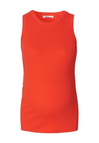 Oranje geribde tanktop, gemaakt van rekbare stof. Mouwloos ontwerp met een ronde hals, getailleerde pasvorm en label aan de achterkant.