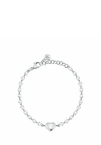 Bracciale d'argento con anelli ovali e un ciondolo a forma di cuore. Presenta una chiusura a gabbiano e una catena regolabile per adattarsi alla misura.