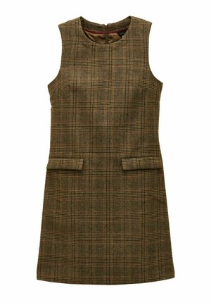 Braun karierter ärmelloser Kleid mit hohem Kragen, ausgestattet mit einem Reißverschluss auf der Rückseite und zwei frontalen Taschen. Hergestellt aus strukturiertem Stoff.
