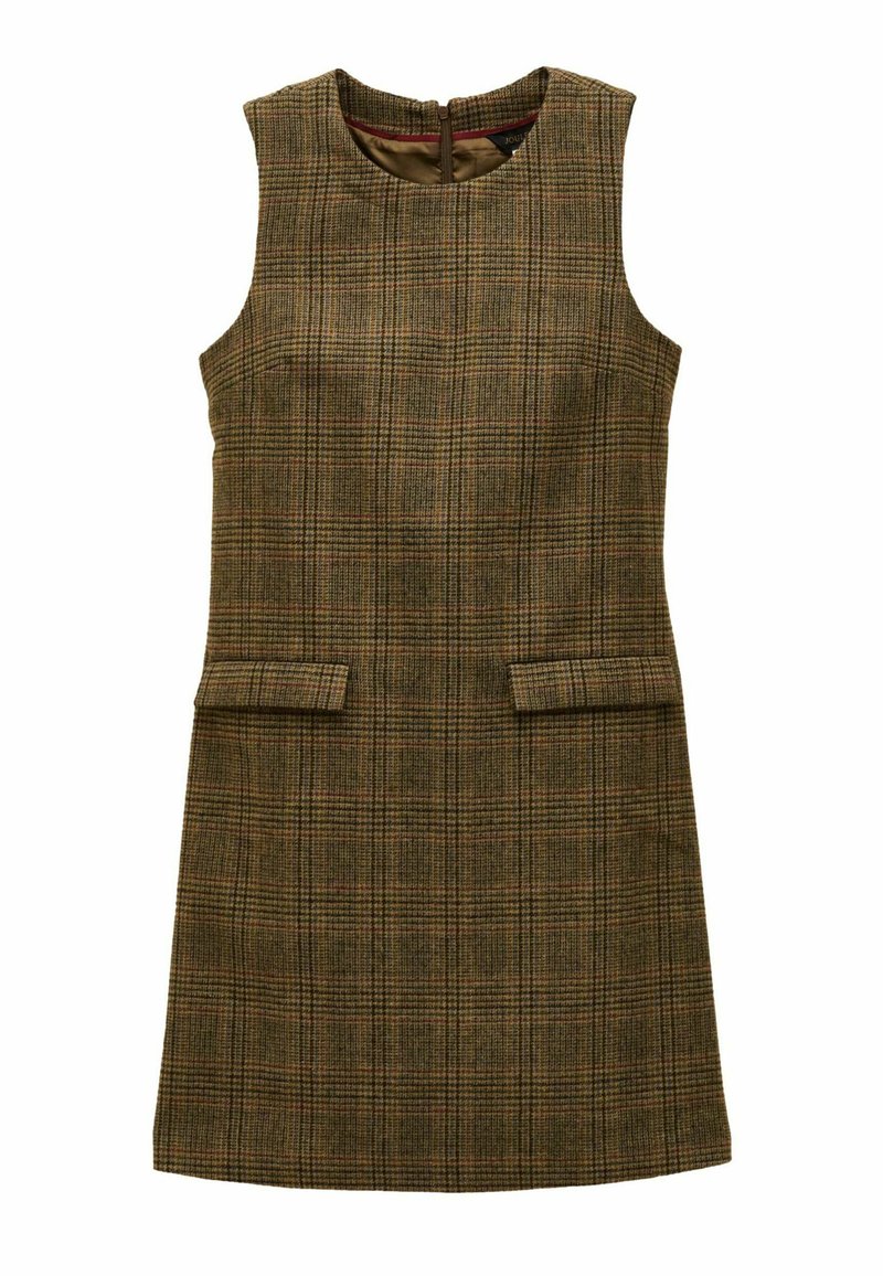 Braun karierter ärmelloser Kleid mit hohem Kragen, ausgestattet mit einem Reißverschluss auf der Rückseite und zwei frontalen Taschen. Hergestellt aus strukturiertem Stoff.