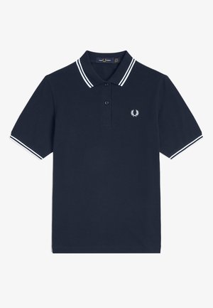 Polo manica corta blu navy con doppie righe bianche sul colletto e sulle maniche, abbottonatura con due bottoni e piccolo logo alloro bianco sul petto.