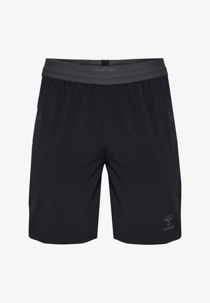 Schwarze Sportshorts aus leichtem Material mit einem elastischen Bund und einem dezenten Logo unten links. Glatte Textur, gerader Schnitt.