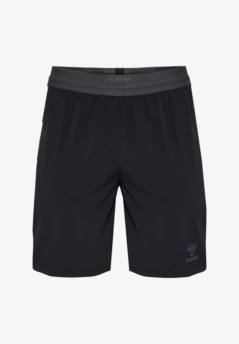 Schwarze Sportshorts aus leichtem Material mit einem elastischen Bund und einem dezenten Logo unten links. Glatte Textur, gerader Schnitt.