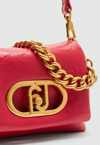 Rote Lederhandtasche mit einer vergoldeten Kettenriemen und einem vergoldeten Metall-Logo-Verschluss. Glatte Textur mit einer weichen, abgerundeten Form.