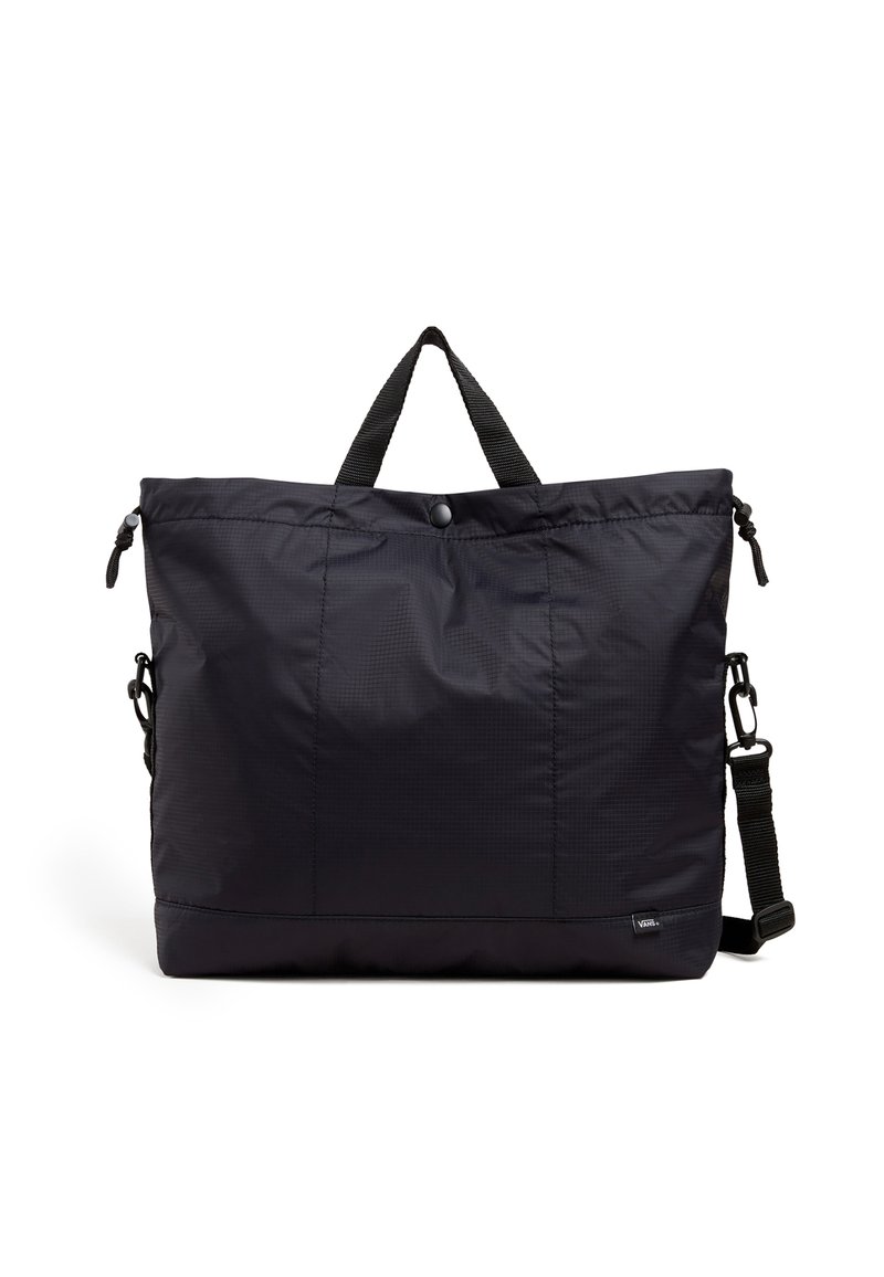 Bolsa de nylon negra con forma rectangular, asas superiores y una correa de hombro desmontable; presenta una superficie texturizada y cierre con botón a presión.
