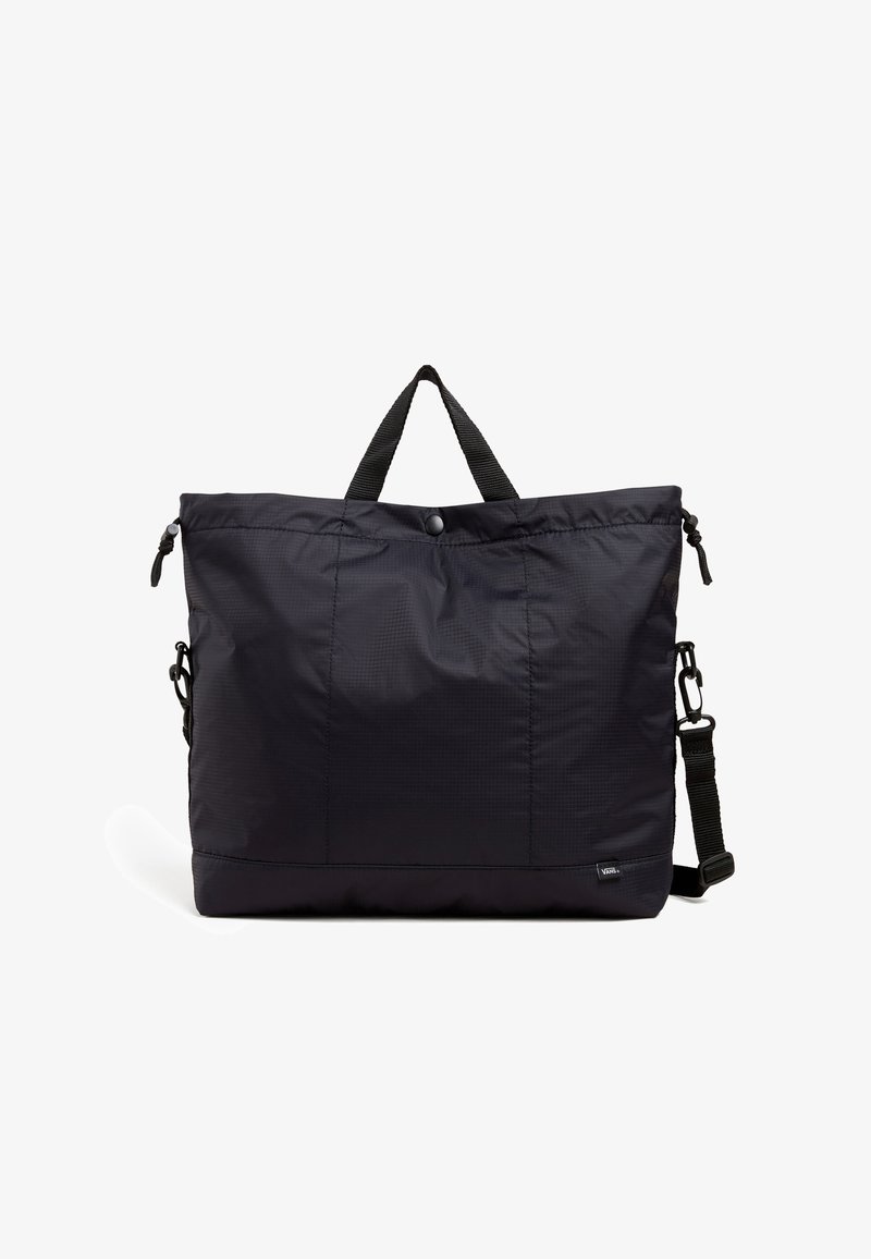 Sac en nylon noir de forme rectangulaire, avec poignées supérieures et une sangle d'épaule amovible ; présente une surface texturée et une fermeture à bouton-pression.