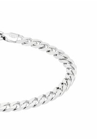 Bracciale in argento sterling con anelli ovali intrecciati, finitura lucida e un gancio sicuro contrassegnato con "925" per la purezza dell'argento.