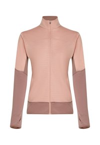 Chaqueta de cremallera rosa claro con un cuello alto. Presenta paneles de un rosa más oscuro en las mangas y los laterales, confeccionada con una tela suave y texturizada.