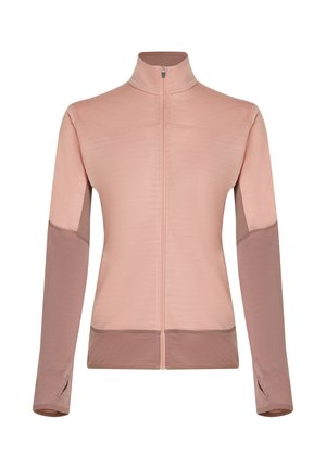 Helle rosa Jacke mit Reißverschluss und hohem Kragen. Sie hat dunklere rosa Einsätze an den Ärmeln und Seiten, gefertigt aus einem weichen, strukturierten Stoff.