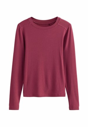 Långärmad tröja med rund hals i mörkröd färg. Tillverkad av ribbat tyg med en slät yta. Har en enkel design utan synlig hårdvara.