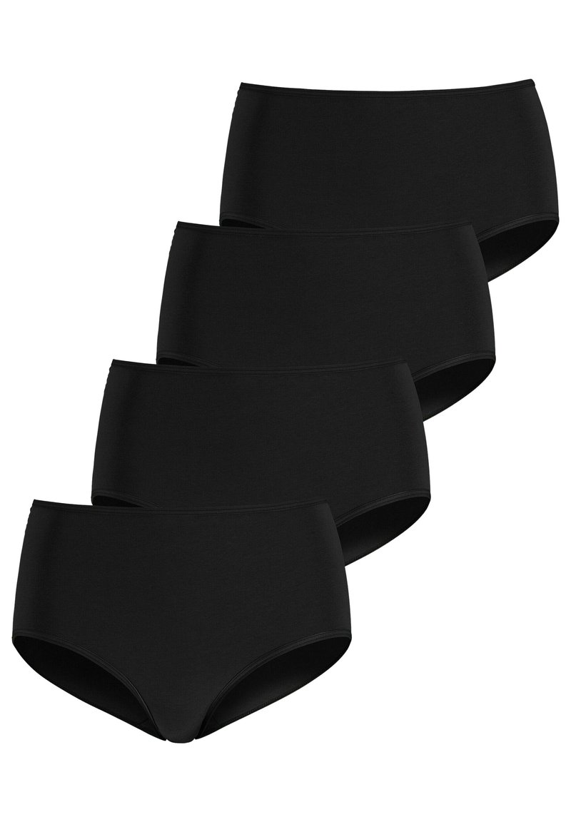 Zwarte katoenen hoge taille slipjes, elastisch materiaal, gladde textuur, vier stuks, geribbelde ontwerp, effen kleur zonder patronen of versieringen.