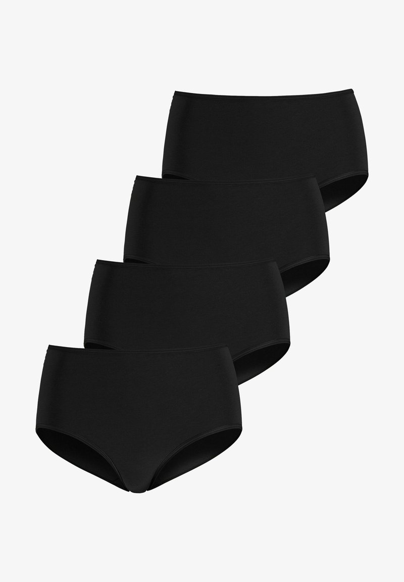 Zwarte katoenen hoge taille slipjes, elastisch materiaal, gladde textuur, vier stuks, geribbelde ontwerp, effen kleur zonder patronen of versieringen.