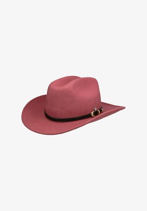 Pink cowboy hat with black braided band and gold buckle detail, wide brim, and dented crown on a white background.