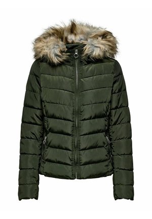 Ciemnozielona pikowana kurtka z przednim zamkiem błyskawicznym, zapinanymi na zamek kieszeniami bocznymi oraz kapturem obszytym brązowym i szarym futerkiem sztucznym.