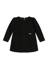 Czarna sukienka z długim rękawem, w złote kropki, okrągły dekolt i zamek z tyłu. Posiada małą boczną kieszeń oraz gładką fakturę.