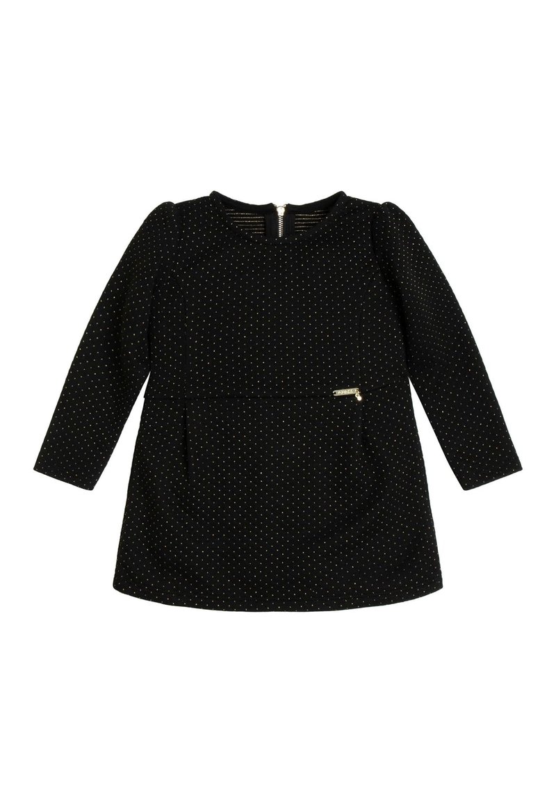 Czarna sukienka z długim rękawem, w złote kropki, okrągły dekolt i zamek z tyłu. Posiada małą boczną kieszeń oraz gładką fakturę.